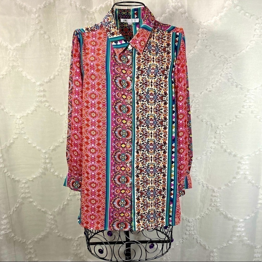 DR2 pink boho geometric printed button up collared blouse size S